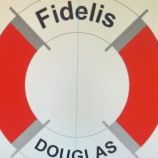 Printed lifebuoy with the yacht name 'Fidelis' and hailing port 'Douglas'